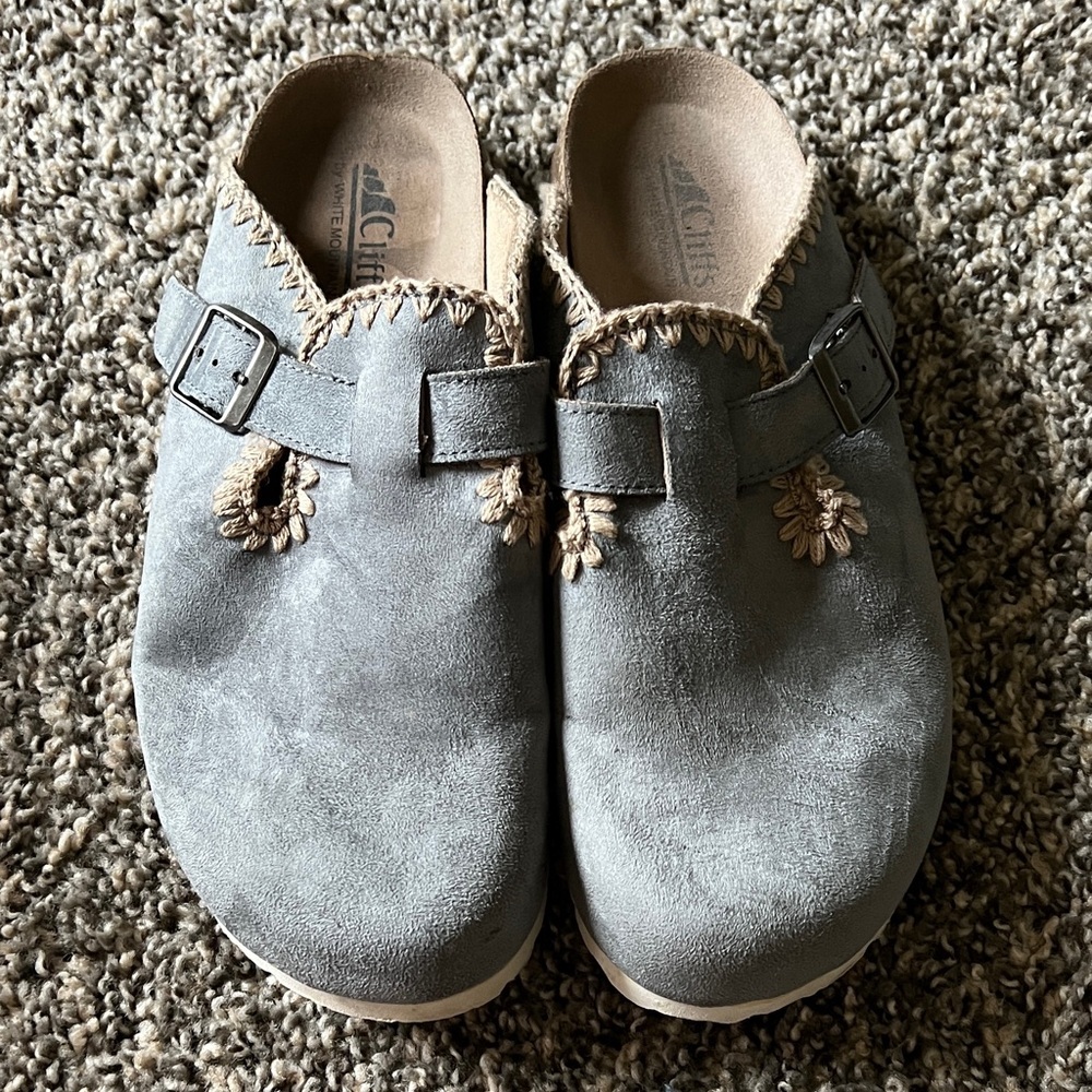 Cliffs by white mountain Gray Suede Slip-On Clogs with Tan Embroidered Accents